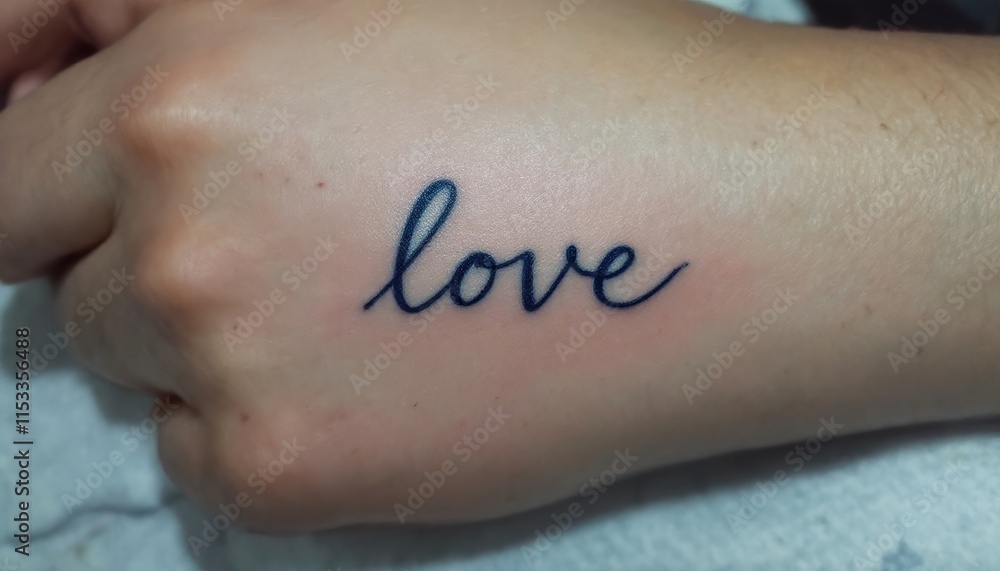 Fototapeta premium Small Love Tattoo on Hand in Black Ink Script
