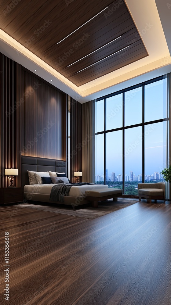 Fototapeta premium Cozy modern bedroom with wooden furnishings, warm lighting, and a light beige wall. Perfect for a relaxing atmosphere in an apartment or hotel