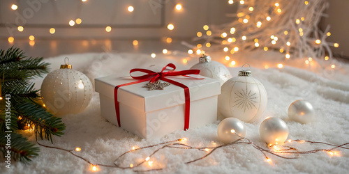 a white christmas gift with a red ribbon and a white bauble1 photo