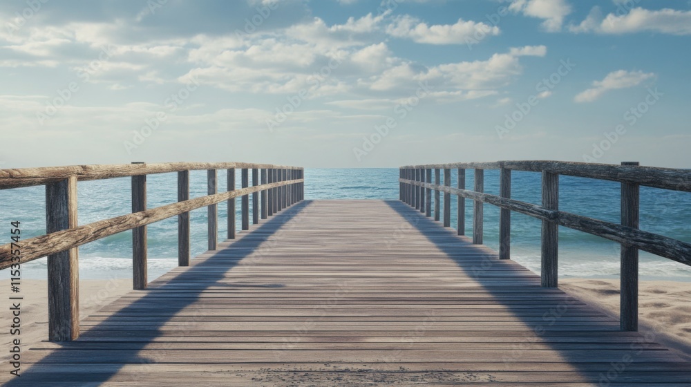 Wooden pier leads to tranquil ocean beach. Wooden pier leads to tranquil ocean beach.
