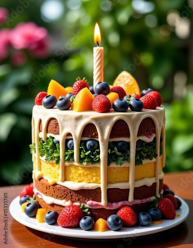 colorful birthday cake garden food photography portrait for cooking subreddits with copy space photo