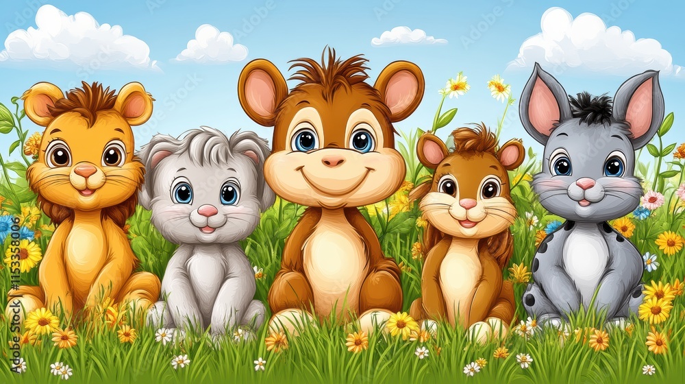 Naklejka premium Cute cartoon animals sitting in a field of flowers.