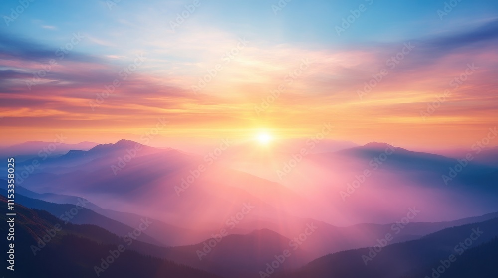 Obraz premium Majestic sunset over misty mountain ranges.