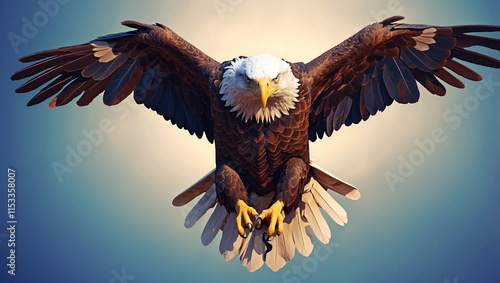 A Majestic American Bald Eagle Flying Against a Clear Sky Capturing Freedom and Strength photo