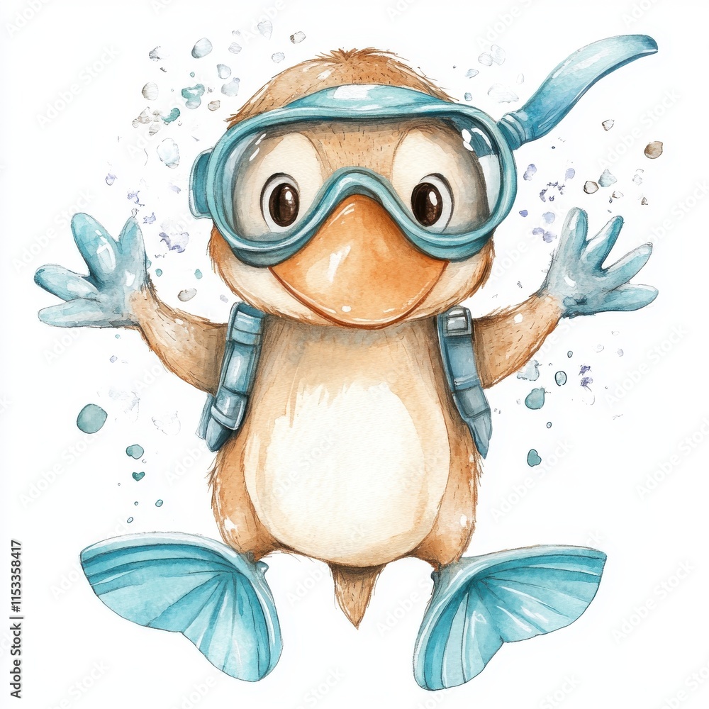 Fototapeta premium Adorable platypus wearing goggles and fins in an underwater scene on a white background