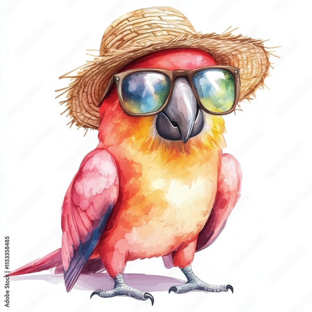 Colorful parrot wearing sunglasses and a straw hat with tropical flair Colorful parrot wearing sunglasses and a straw hat with tropical flair