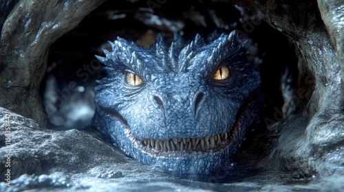 Blue dragon's head peering from cave. photo