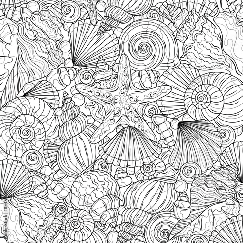 Sea shells and starfish.Coloring book antistress for children and adults.