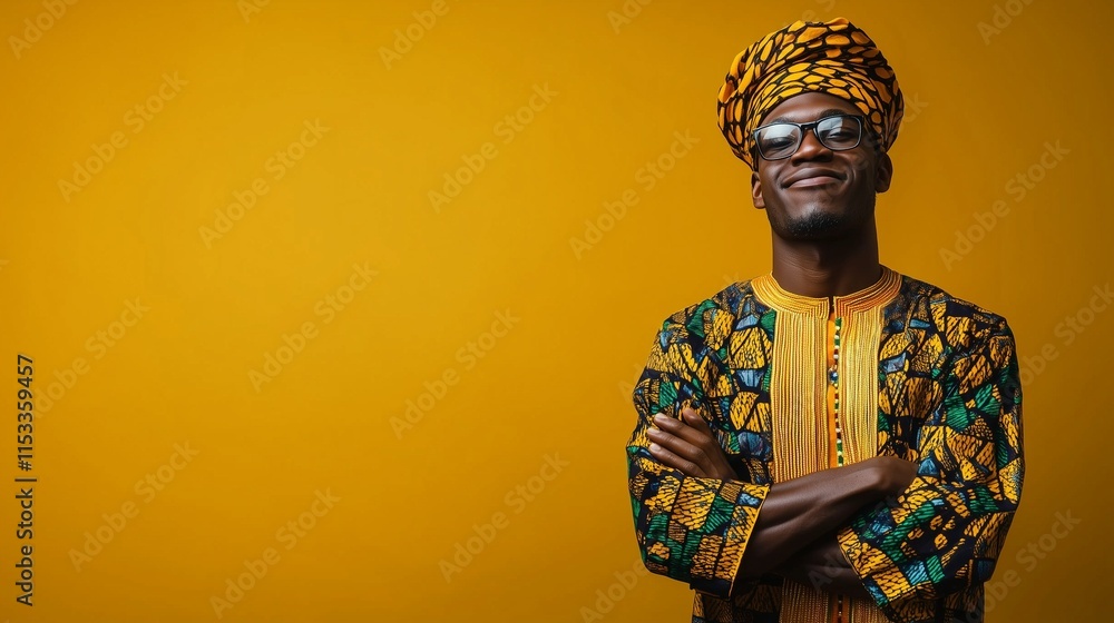 Obraz premium Smiling man in patterned African attire, yellow background