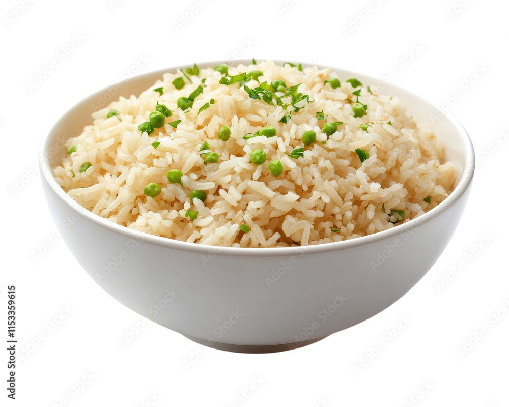 bowl of fried rice garnished with green peas and chives, isolated on transparency background, showcasing delicious and appetizing meal bowl of fried rice garnished with green peas and chives, isolated on transparency background, showcasing delicious and appetizing meal