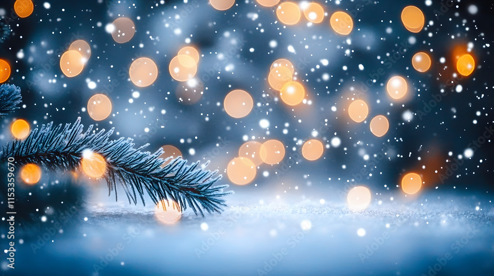 Beautiful winter scene with snow, lights, and evergreen branches creating a cozy atmosphere Beautiful winter scene with snow, lights, and evergreen branches creating a cozy atmosphere