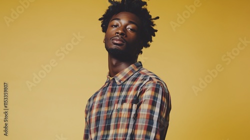 Stylish man in plaid shirt against yellow background