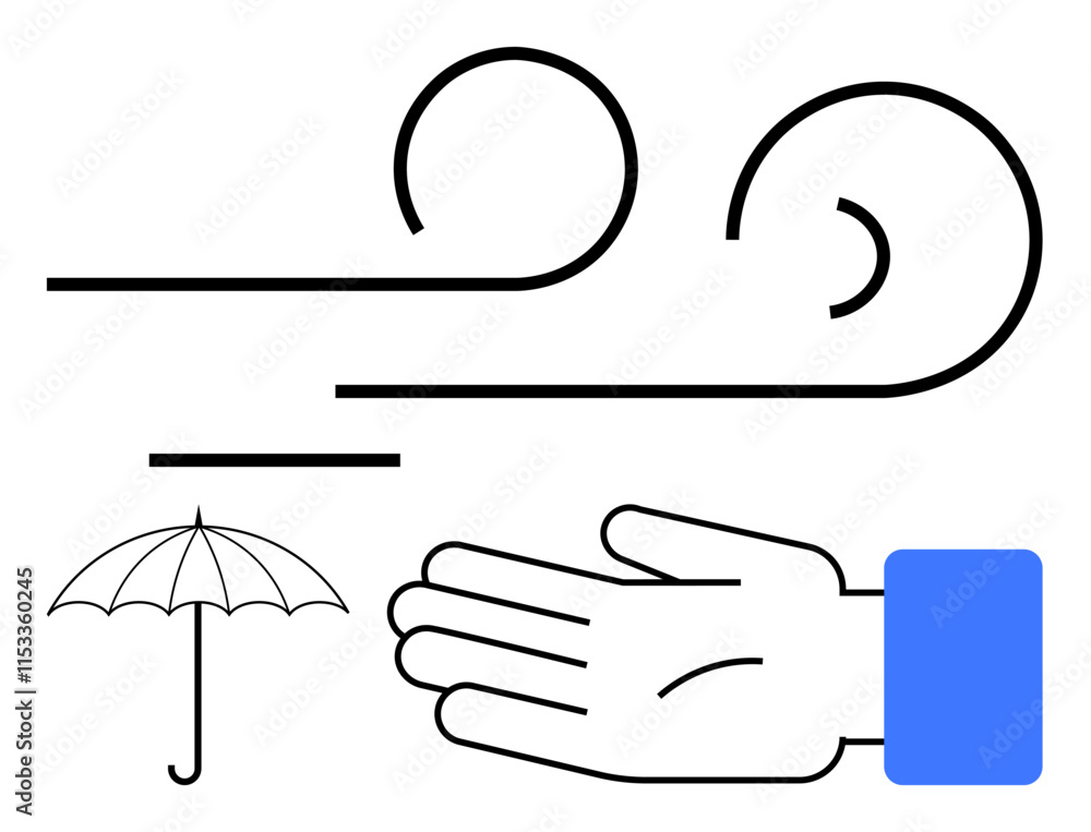 Hand extended next to swirling wind and umbrella. Ideal for themes thumbs up protection, shelter, care, weather, security, help, and elements. Line metaphor Hand extended next to swirling wind and umbrella. Ideal for themes thumbs up protection, shelter, care, weather, security, help, and elements. Line metaphor