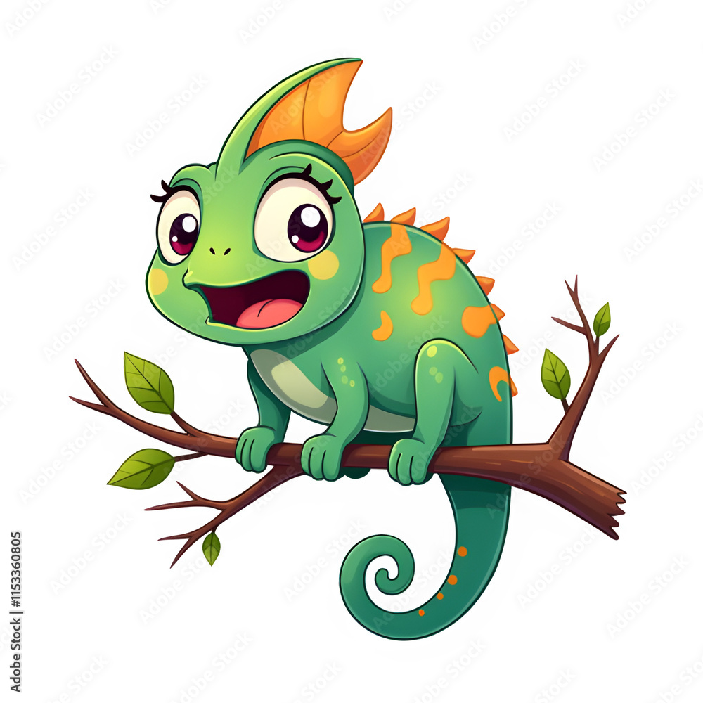 Cute Chameleon, Chameleon sitting on branch, Chameleon on white background Cute Chameleon, Chameleon sitting on branch, Chameleon on white background