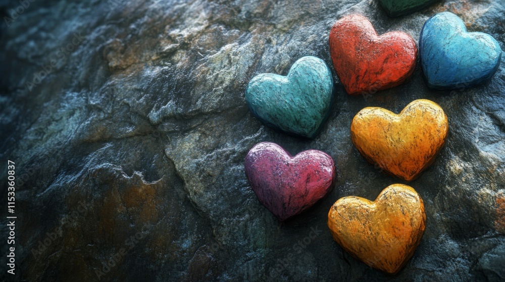 Obraz premium Colorful Stone Hearts Resting On A Dark Rock Surface