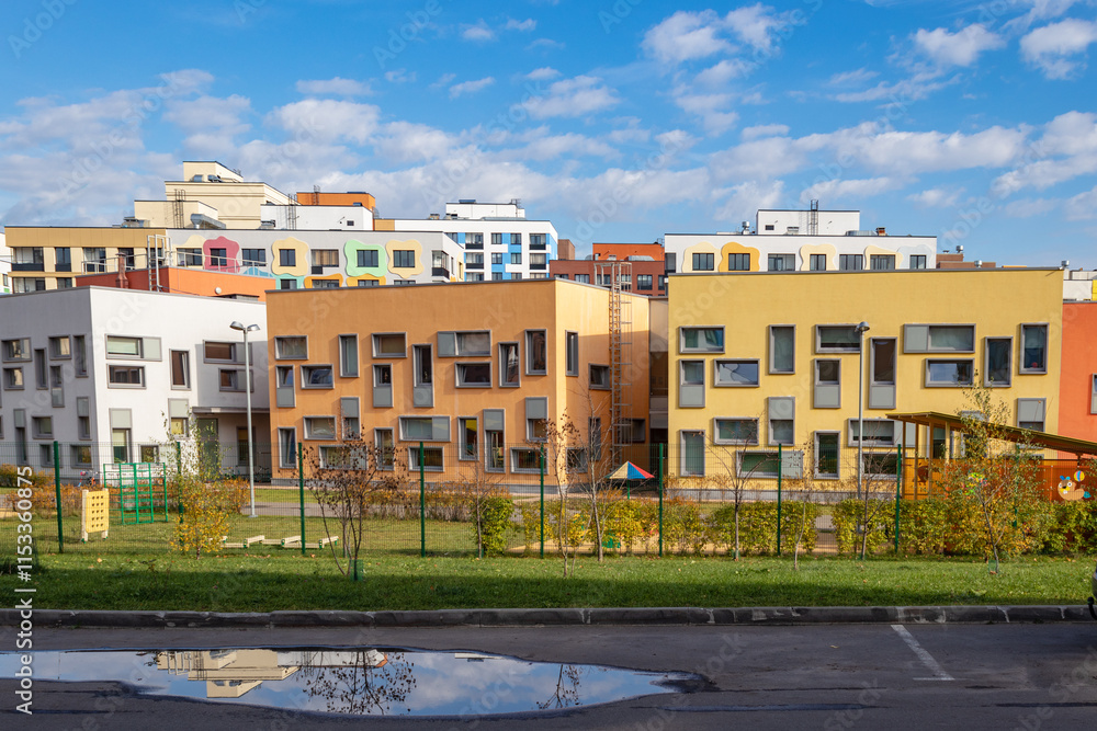 Obraz premium Modern apartment building with colorful facades on the outskirts of the city. Residential Complex 'In the forest', Moscow, Russia
