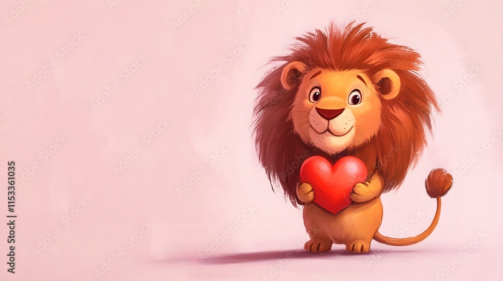Fototapeta premium A Charming Lion Holding a Heart: Whimsical Illustration Captivating Hearts with Joyful Expression and Endearing Charm in a Playful Setting with a Soft Background in Pastel Hues