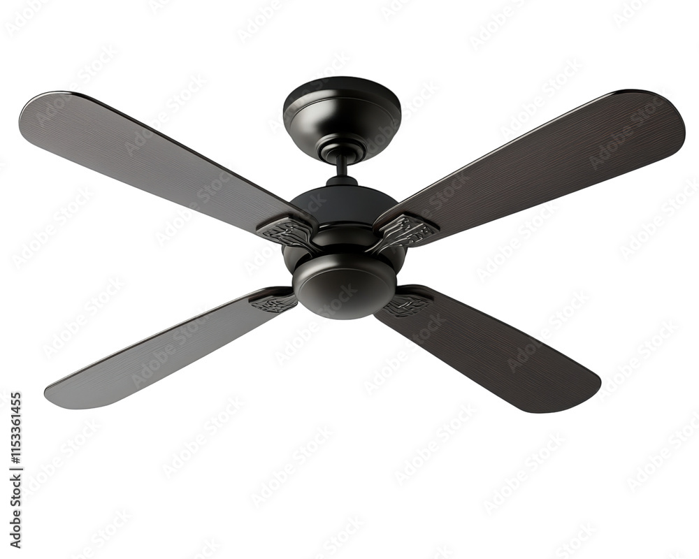 ceiling fan with four dark wooden blades and sleek black motor is isolated on transparency background, showcasing its modern design and functionality ceiling fan with four dark wooden blades and sleek black motor is isolated on transparency background, showcasing its modern design and functionality