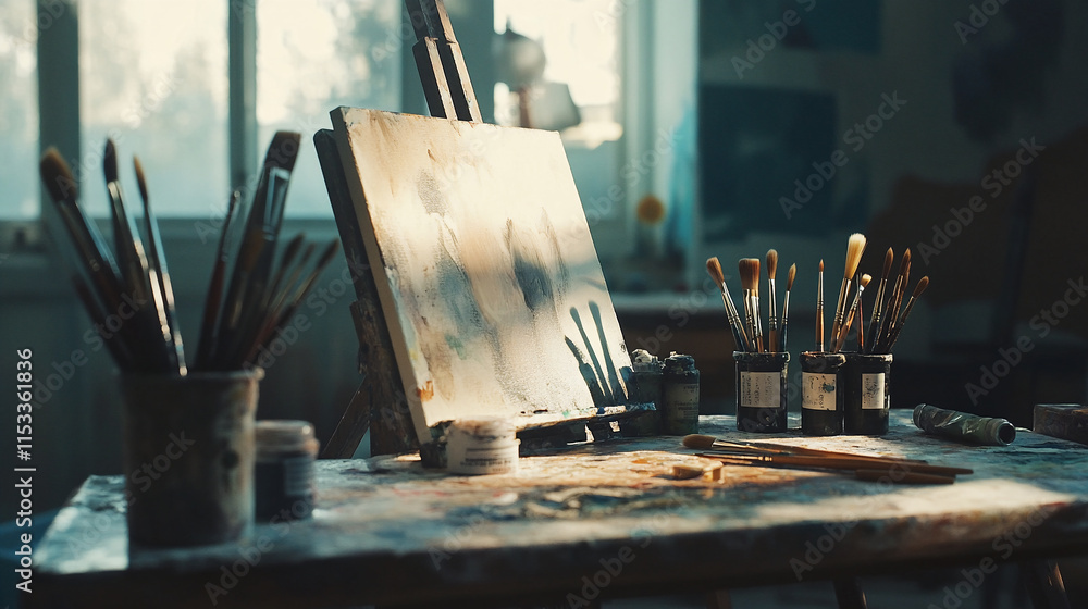 Painter's Workspace with Paint Brushes and Canvas Painter's Workspace with Paint Brushes and Canvas