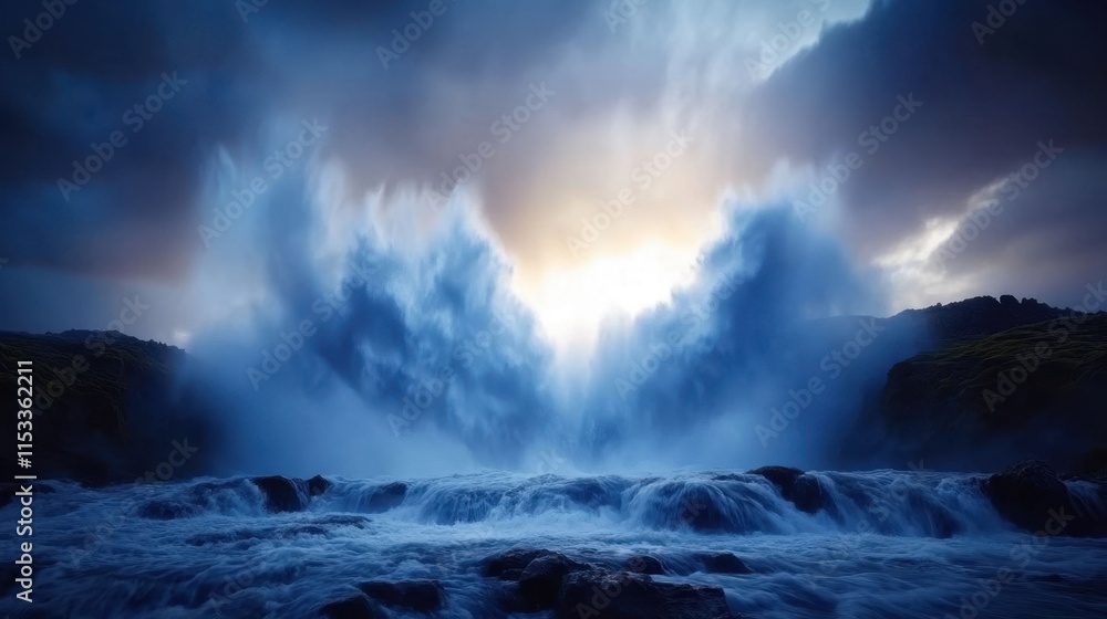 Fototapeta premium Majestic Waterfall Crashing Over Rocks at Dusk