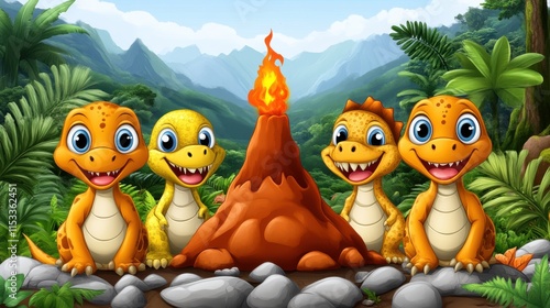 Four cartoon dinosaurs around volcano. photo