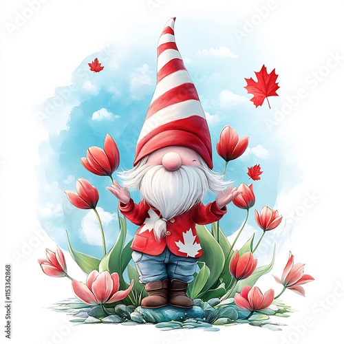 Canadian Gnome Amidst Tulips: A Charming Springtime Illustration photo