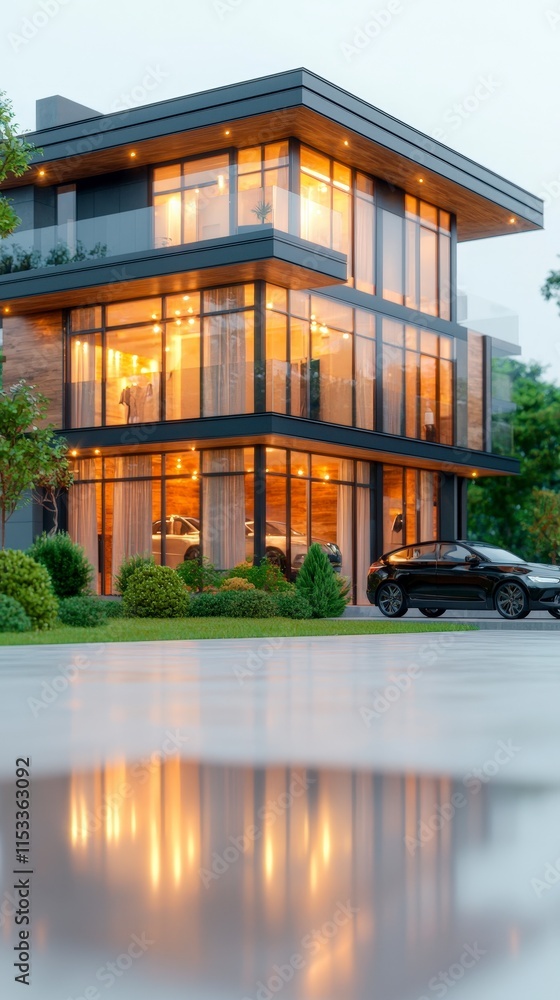 Naklejka premium Modern Glass House Luxury Home Night Lighting Car Garage Architectural Design