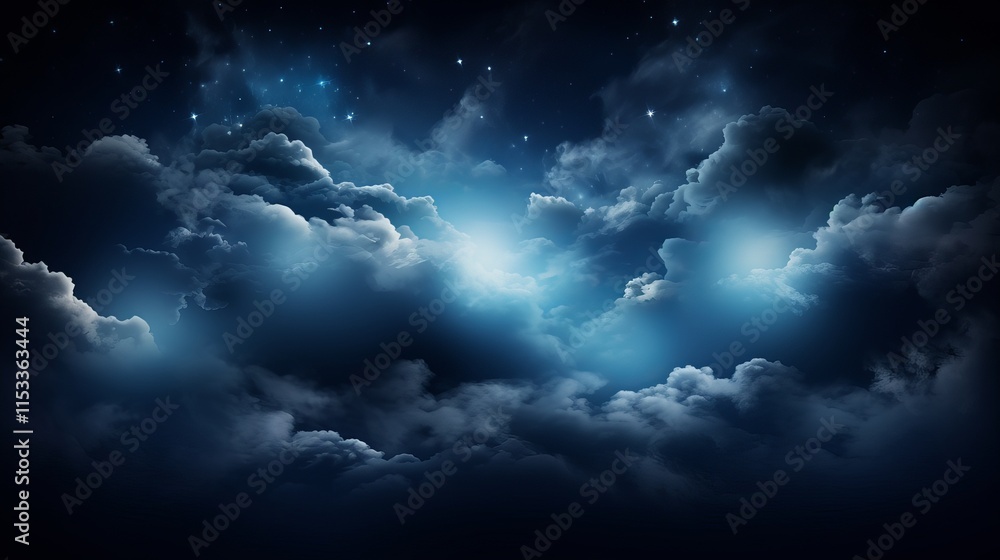 Mysterious night sky illuminated by soft blue light among swirling clouds. Generative AI Mysterious night sky illuminated by soft blue light among swirling clouds. Generative AI