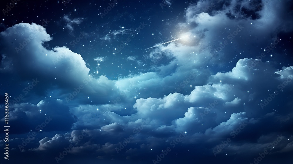 Obraz premium Starry night sky with wispy clouds and a shooting star illuminating the darkness. Generative AI