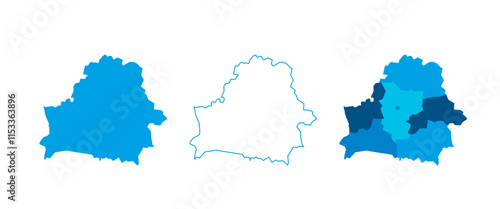 Belarus set of three maps - solid map, outline map and map highlighting administrative divisions. Three distinct maps illustrate various representations of a geographical area.