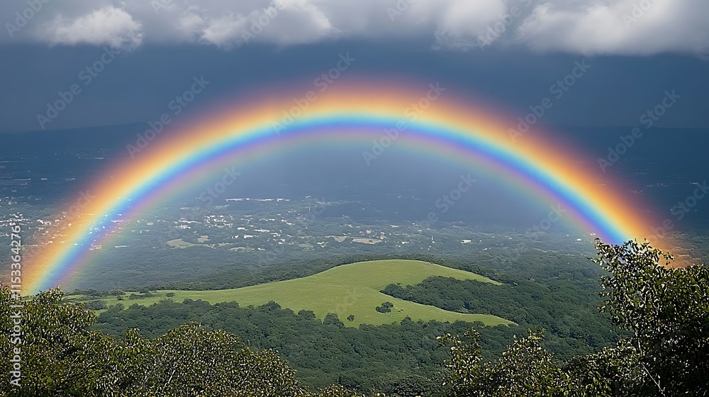 A vibrant rainbow arches over a verdant landscape A vibrant rainbow arches over a verdant landscape