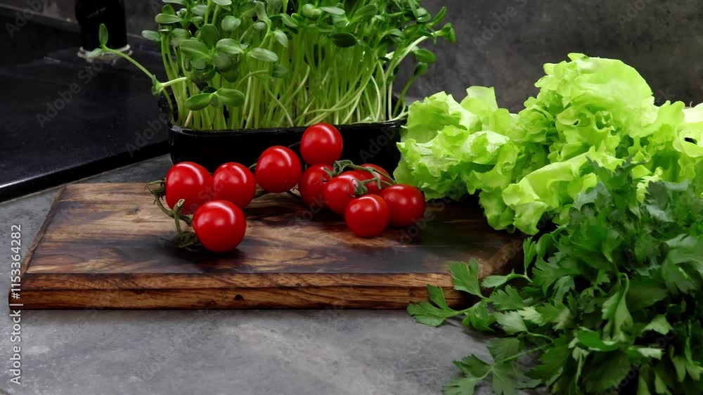 Bright red tomatoes, crisp lettuce, and aromatic herbs create a colorful display on a wooden board, inviting culinary exploration and creativity in the kitchen. Bright red tomatoes, crisp lettuce, and aromatic herbs create a colorful display on a wooden board, inviting culinary exploration and creativity in the kitchen.