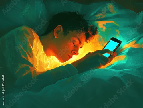 Person asleep holding phone, screens glowing in dark, overstimulated yet fatigued atmosphere photo