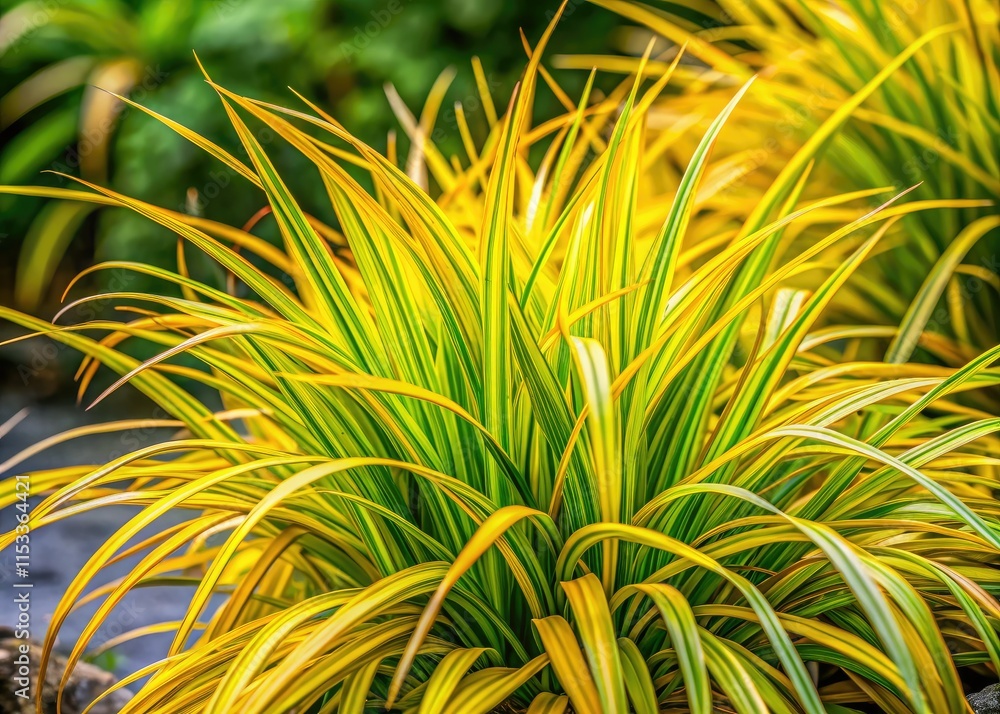 Fototapeta premium Low-maintenance Japanese Forest Grass (Carex Oshimensis) boasts vibrant yellow foliage, ideal as an ornamental ground cover.