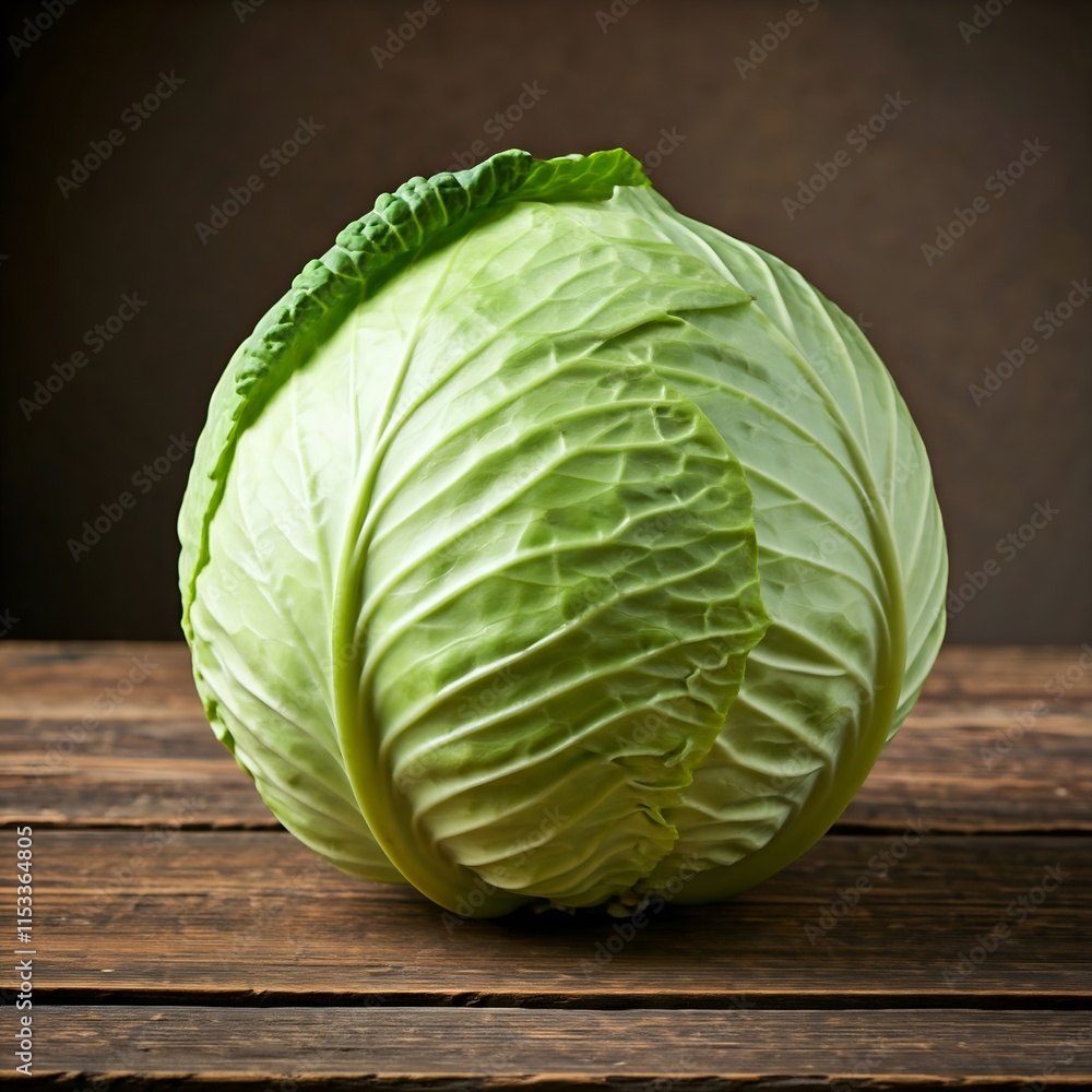 Fototapeta premium Vibrant green cabbage harvested from the garden and placed on a wooden surface