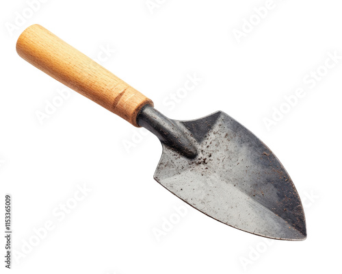 garden trowel with wooden handle and metal blade isolated on transparency background, showing signs of use with soil on blade photo