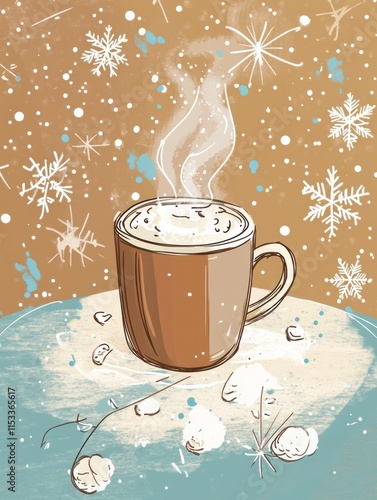 Winter themed doodle of a steaming mug of hot chocolate surrounded by snowflakes and a cozy atmosphere. Generative AI photo