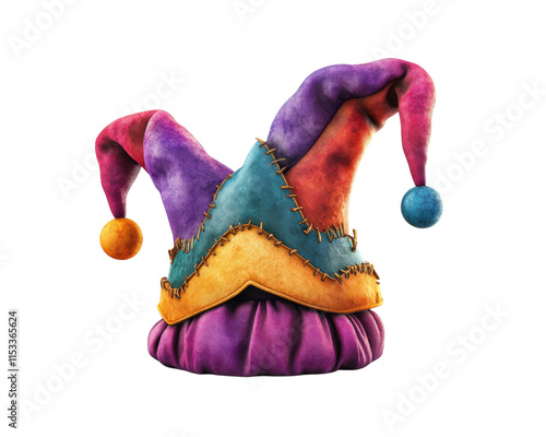 Colorful jester hat with vibrant patches and pom poms, isolated on transparency background, showcasing playful and whimsical design photo