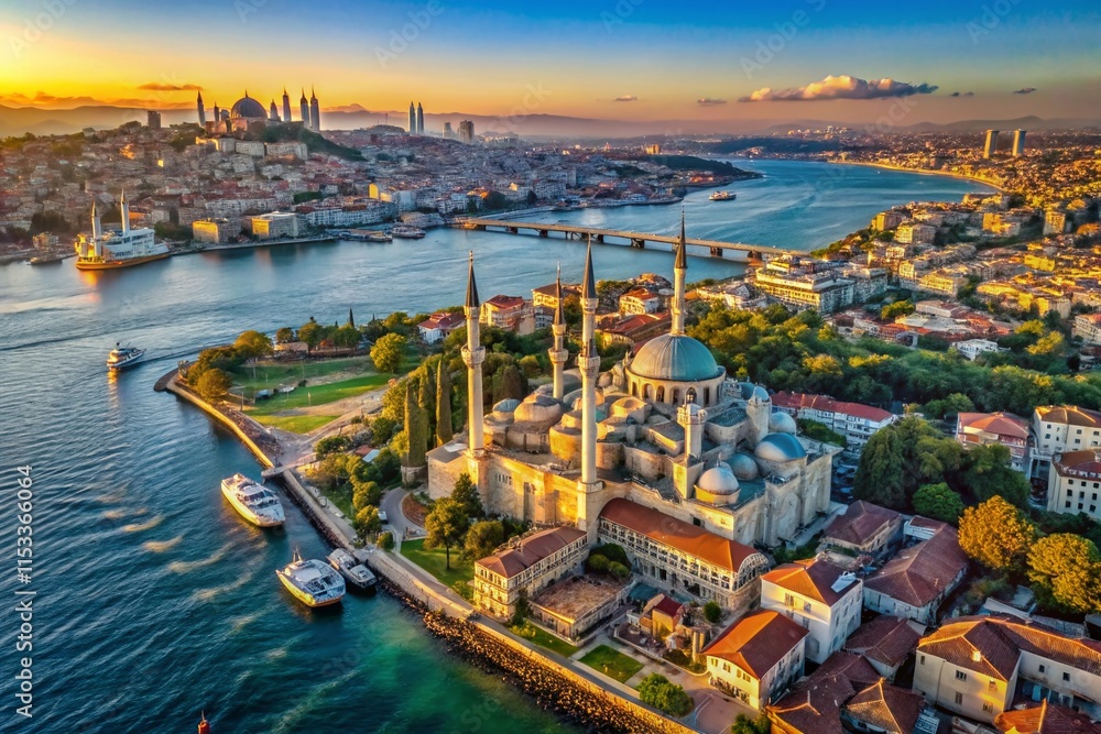 Naklejka premium Stunning Aerial Panoramic View of Istanbul's European Side & Bosphorus Strait
