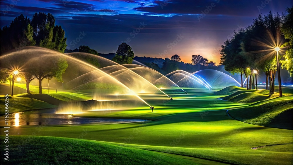 Obraz premium Night photography reveals efficient sprinkler system watering, ensuring lush greens on the low-light golf course.