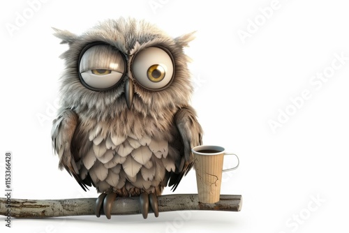 Funny cartoon owl with messy feathers holding coffee cup, cartoon style, on white