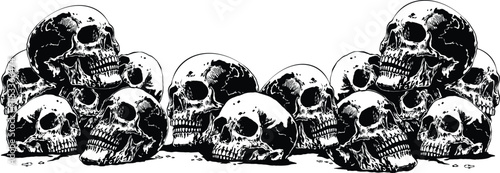 Skulls piled up in horrific places vector art background
