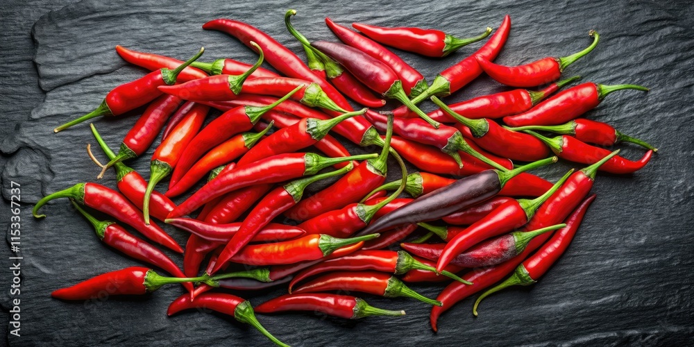 Panoramic view: fiery red chilies on black slate; perfect spicy food background. Panoramic view: fiery red chilies on black slate; perfect spicy food background.