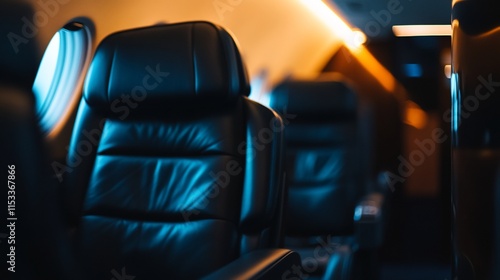 Interior of a luxury aircraft featuring leather seats. photo