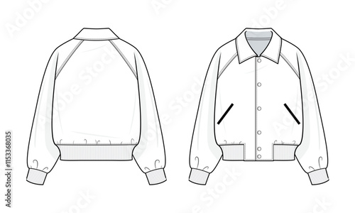 Varsity Jacket technical fashion illustration. varsity jacket vector template illustration. front and back view. relaxed fit. raglan sleeves. unisex. button-up front. White color. CAD mockup.