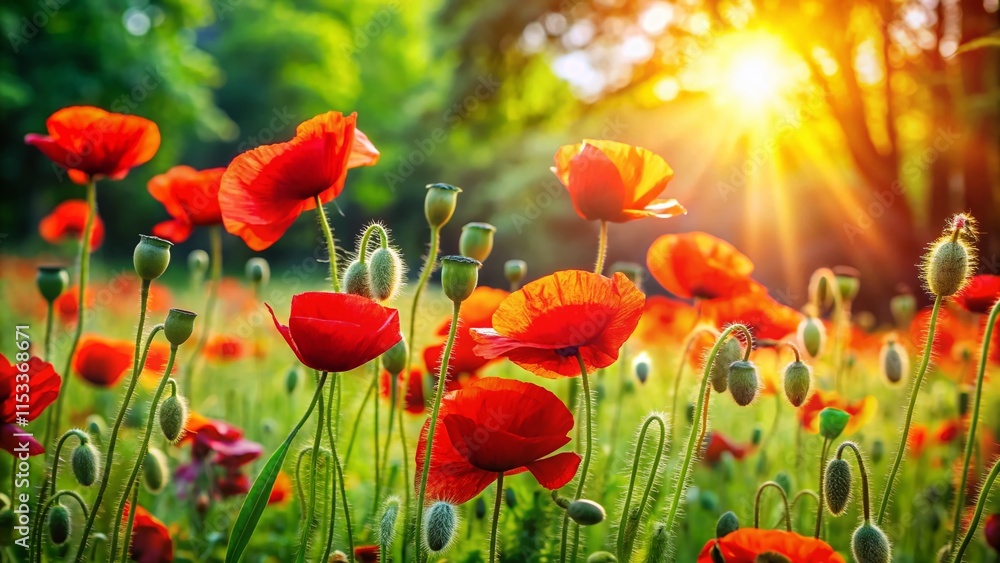 Fototapeta premium Stunning Poppy Flower Garden Wallpaper: Vibrant Red Blooms in Full Bloom