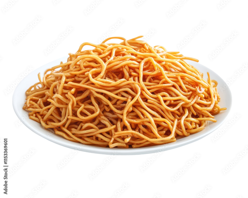 plate of chow mein noodles on white dish, showcasing delicious and appetizing presentation. noodles are golden and perfectly cooked, ideal for savory meal plate of chow mein noodles on white dish, showcasing delicious and appetizing presentation. noodles are golden and perfectly cooked, ideal for savory meal