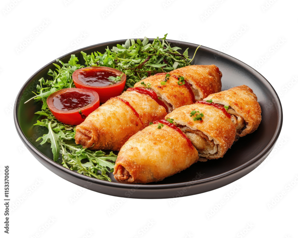 plate of crispy egg rolls garnished with fresh greens and served with dipping sauce, showcasing delicious and appetizing presentation plate of crispy egg rolls garnished with fresh greens and served with dipping sauce, showcasing delicious and appetizing presentation