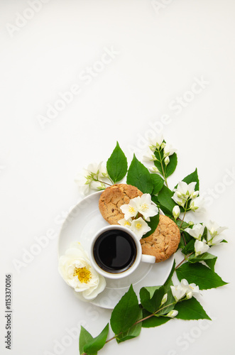 A cup of coffee, white saucer, oatmeal cookies, white roses and jasmine flowers. Mother's day card, valentine's day.