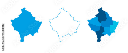 Kosovo set of three maps - solid map, outline map and map highlighting administrative divisions. Three distinct maps illustrate various representations of a geographical area.